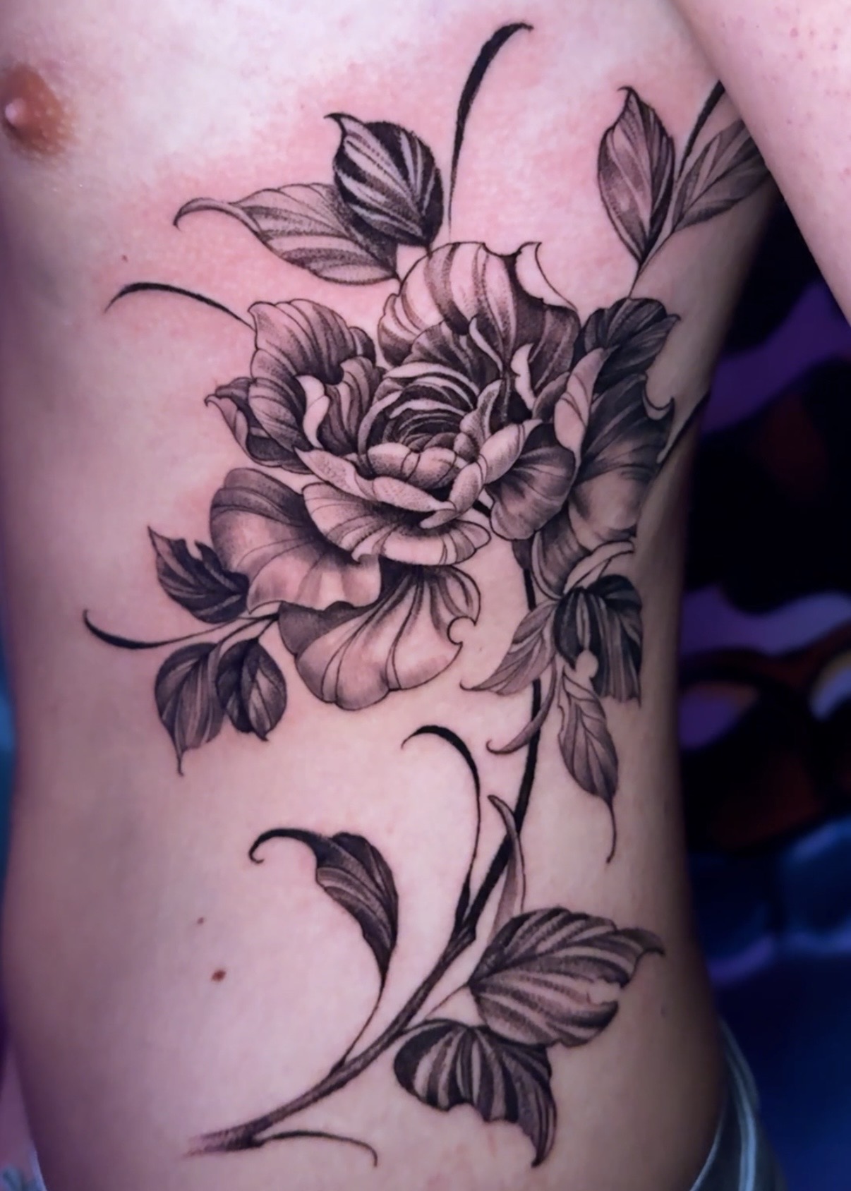 Stor fineline black and grey-pion med blad och slingor över revbenen